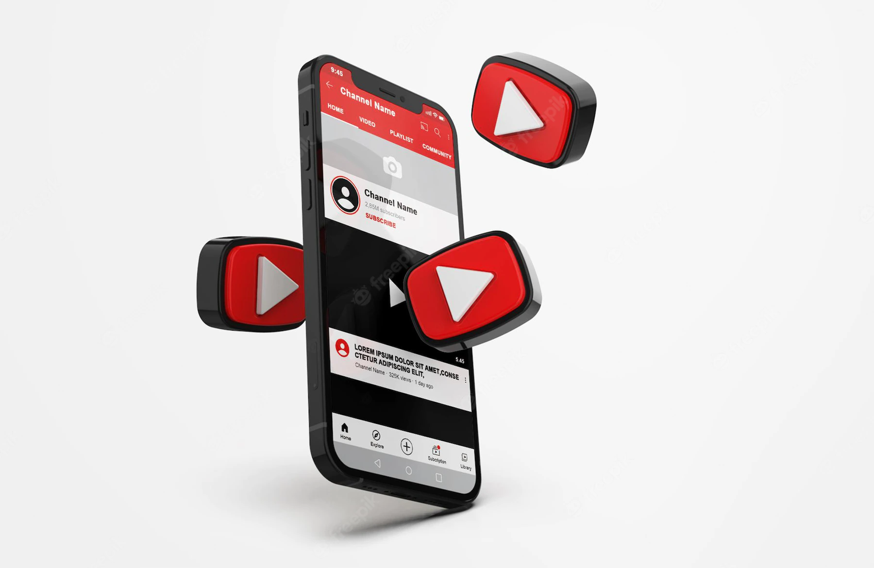 youtube-mobile-phone-mockup-with-3d-icons_106244-1667