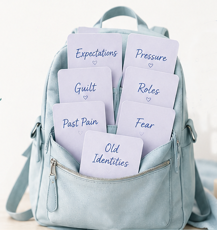 Backpack with cards labeled Expectations, Pressure, Guilt, Roles, Past Pain, Fear, Old Identities